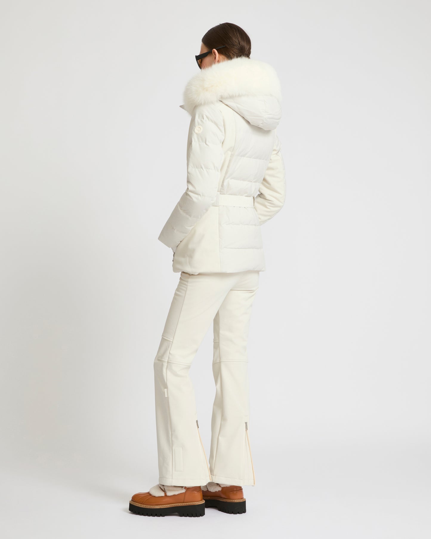 Mixed fabric belted ski jacket with fox fur trim - YS Mountain