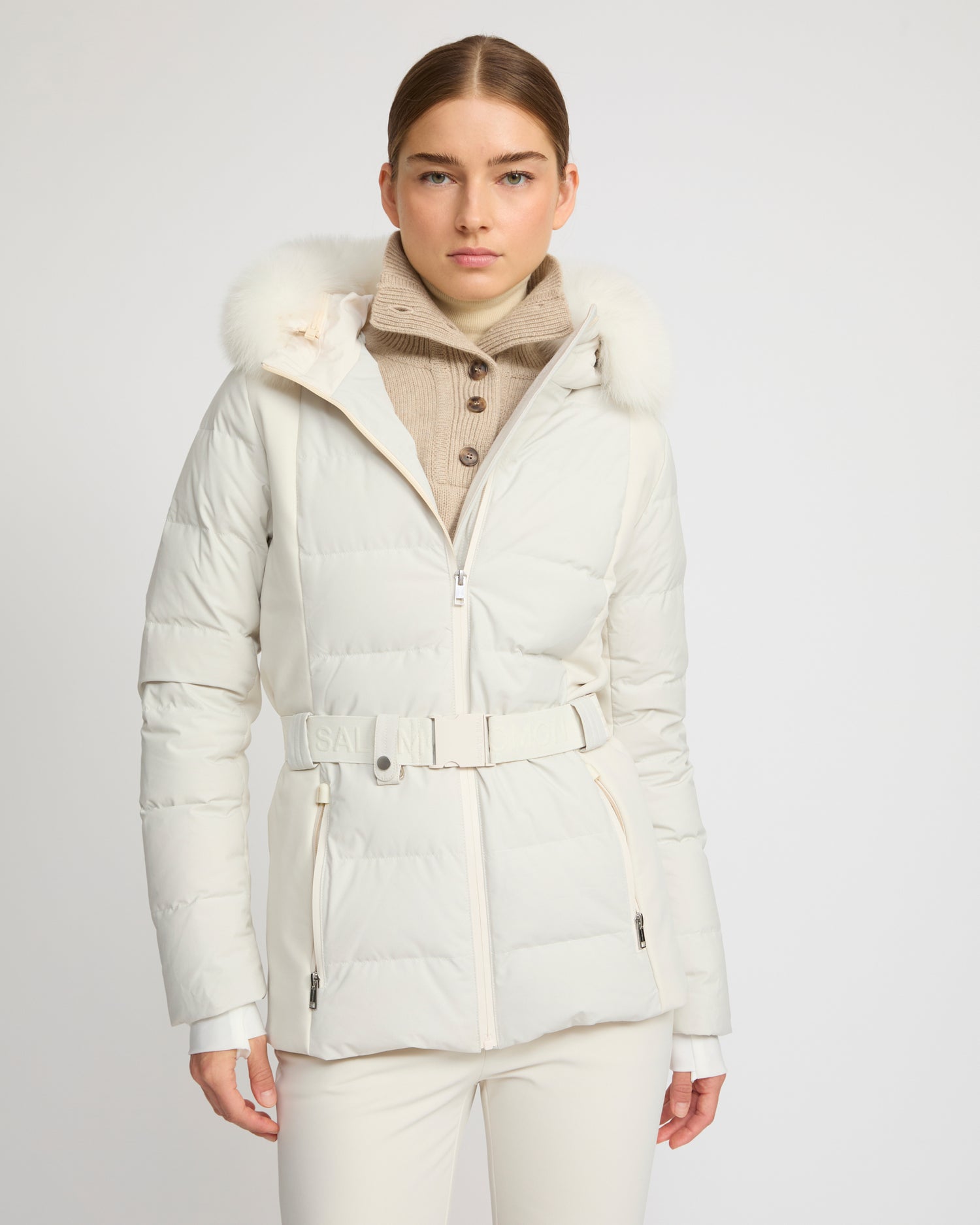 Mixed fabric belted ski jacket with fox fur trim -Yves Salomon