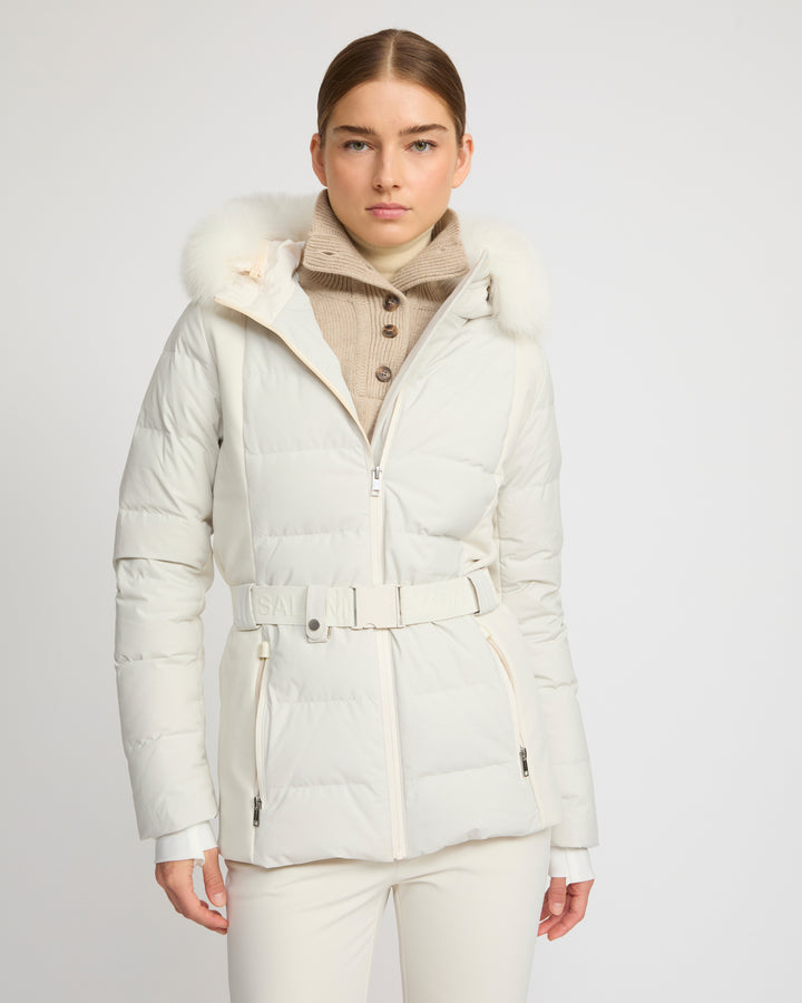 Mixed fabric belted ski jacket with fox fur trim -Yves Salomon