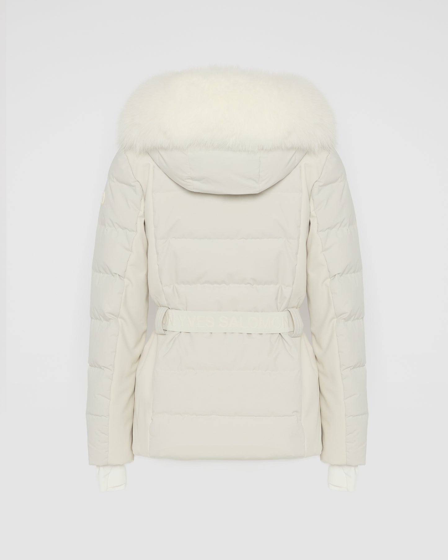 Mixed fabric belted ski jacket with fox fur trim -Yves Salomon