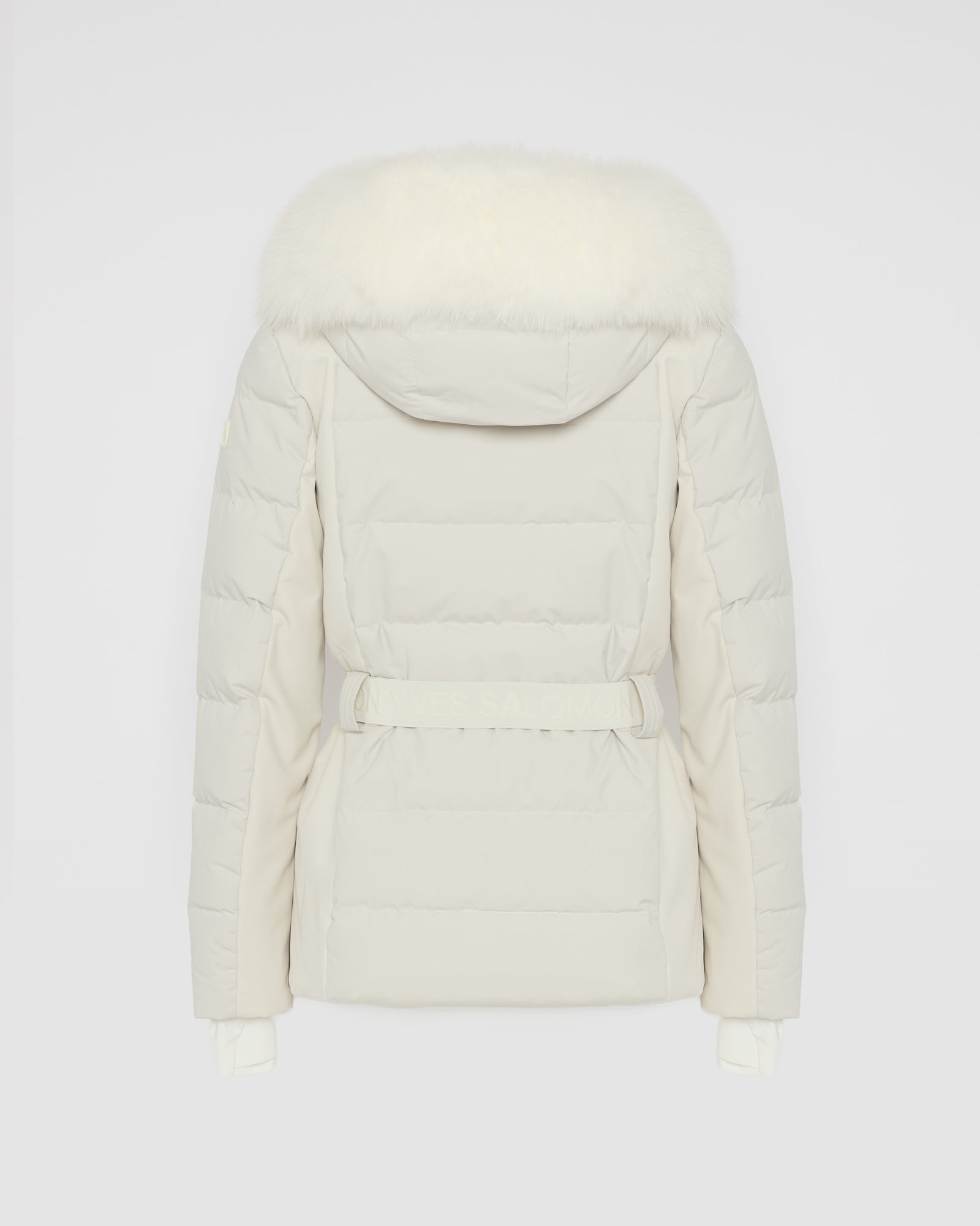 Mixed fabric belted ski jacket with fox fur trim -Yves Salomon