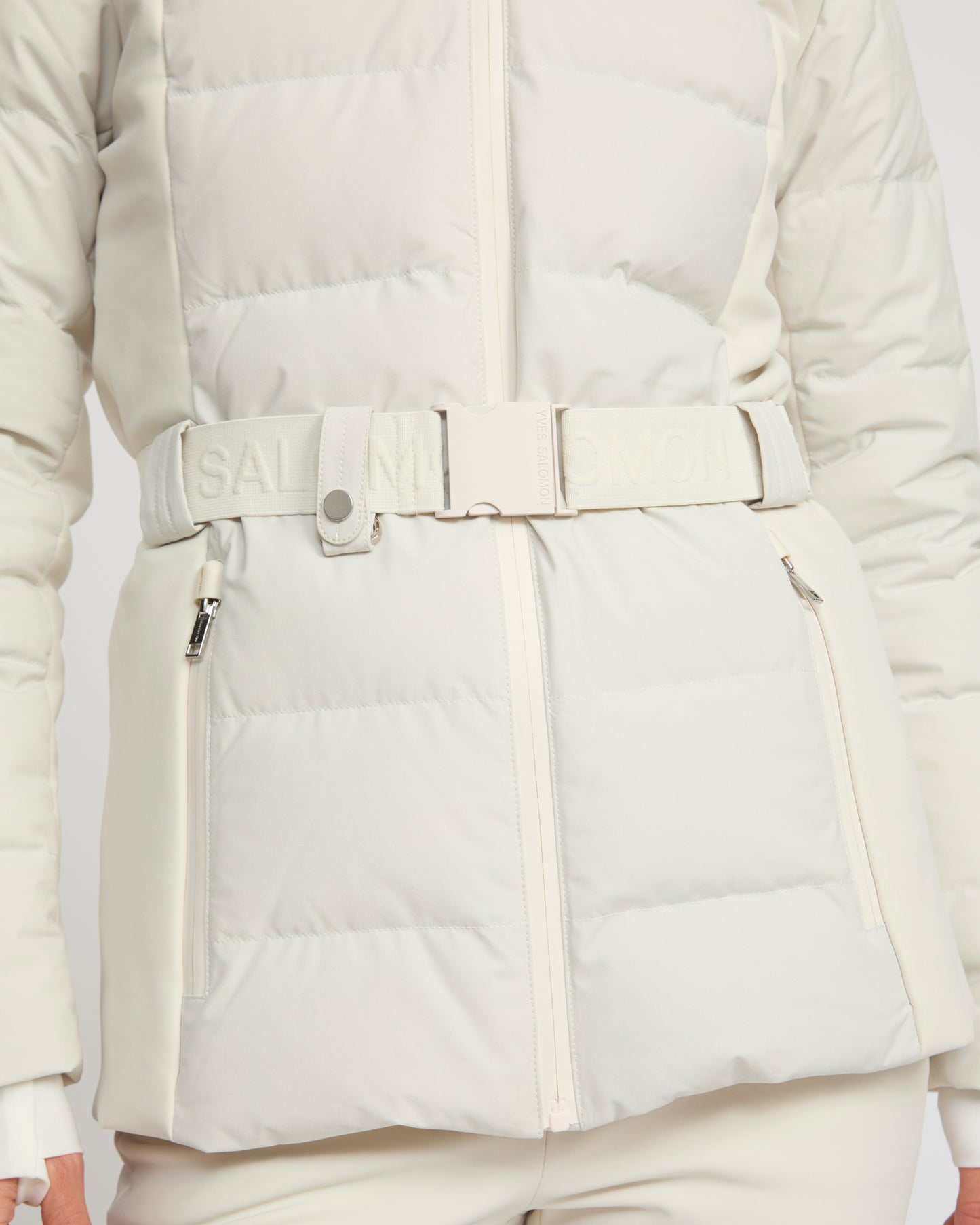 Mixed fabric belted ski jacket with fox fur trim -Yves Salomon