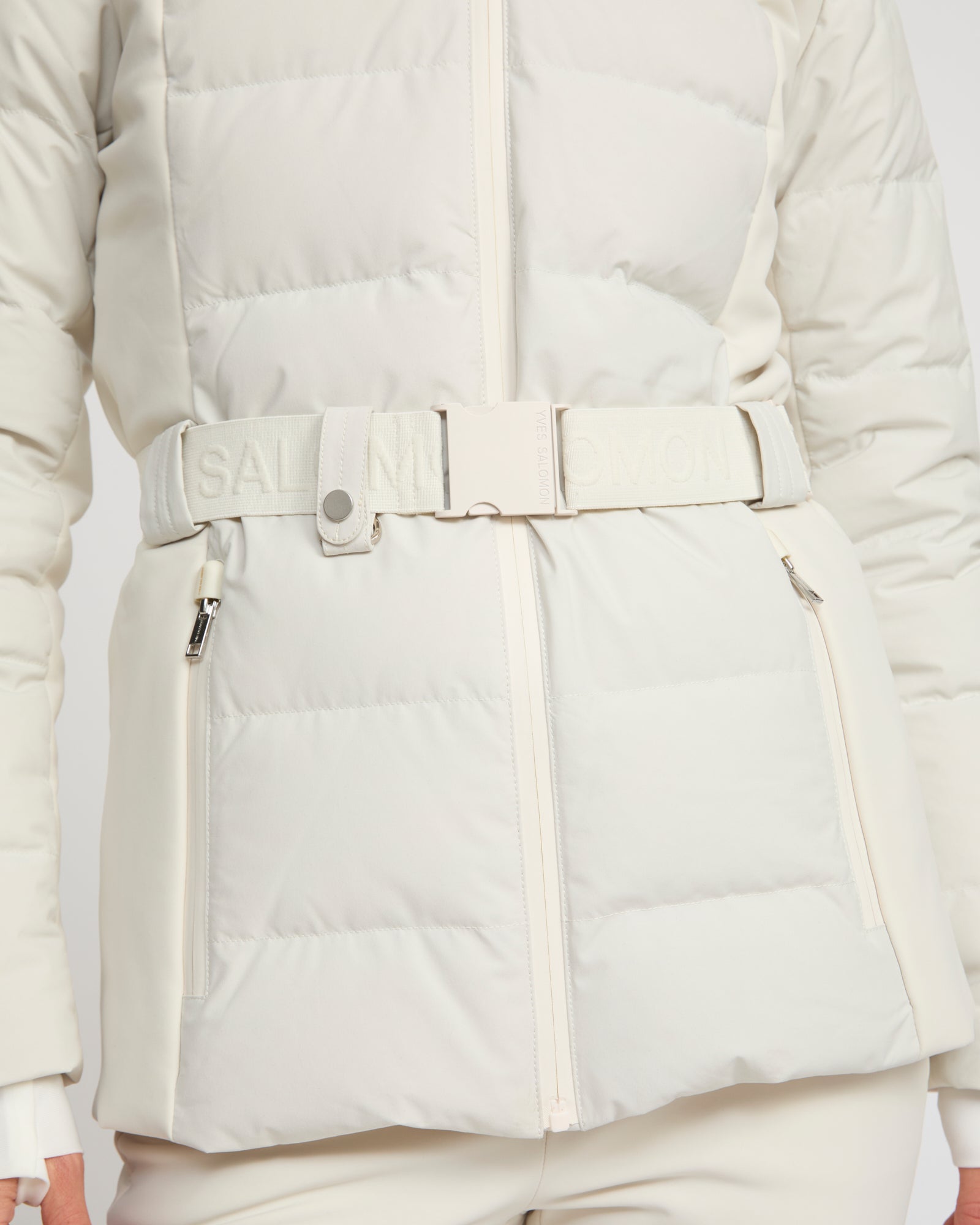 Mixed fabric belted ski jacket with fox fur trim -Yves Salomon