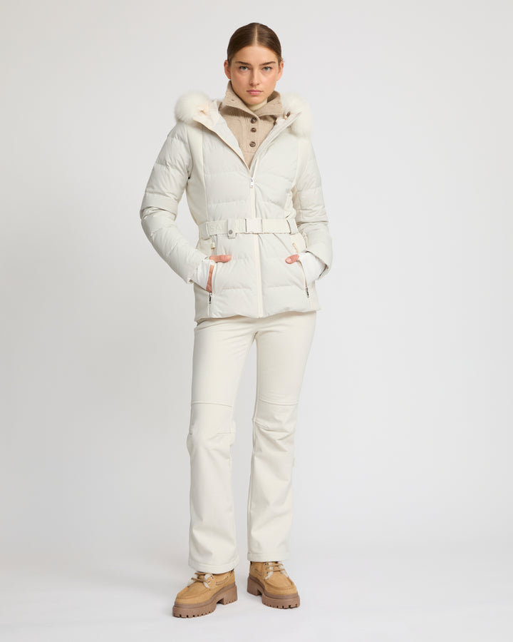 Mixed fabric belted ski jacket with fox fur trim -Yves Salomon