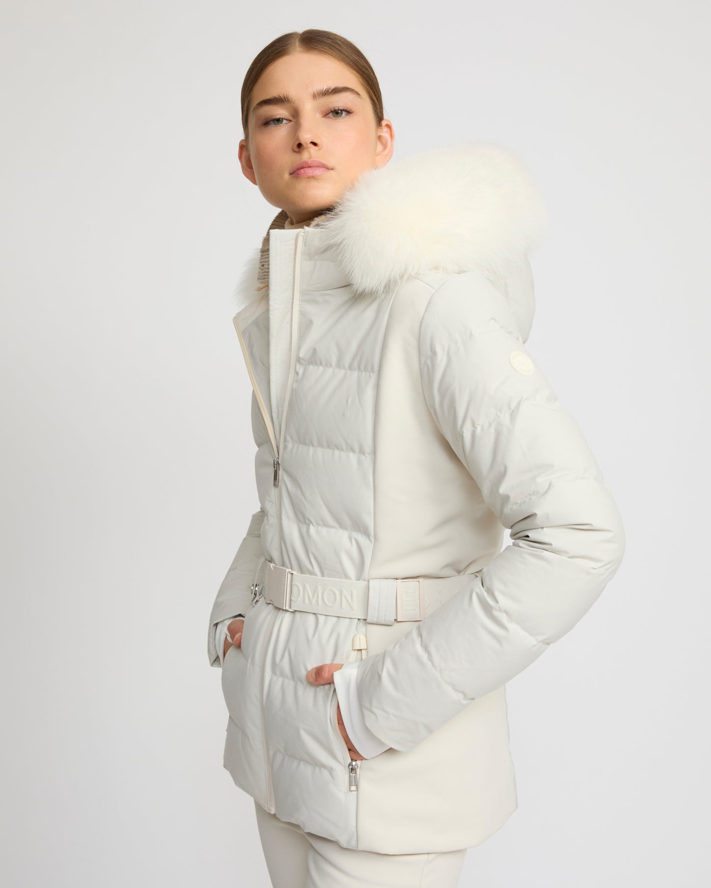 Mixed fabric belted ski jacket with fox fur trim -Yves Salomon