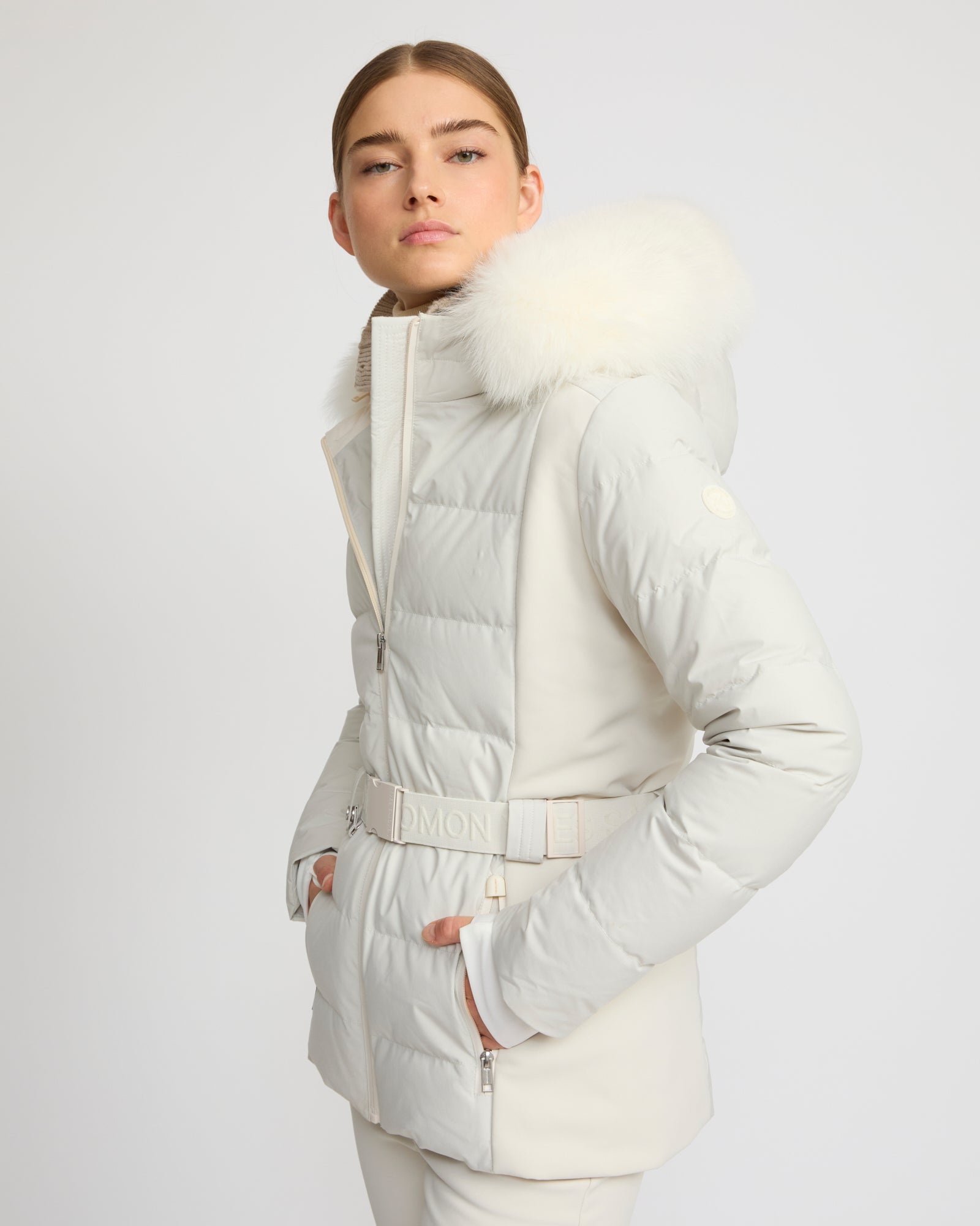 Mixed fabric belted ski jacket with fox fur trim -Yves Salomon
