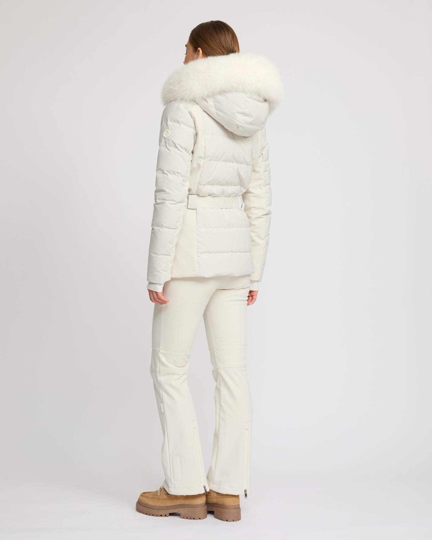 Mixed fabric belted ski jacket with fox fur trim -Yves Salomon