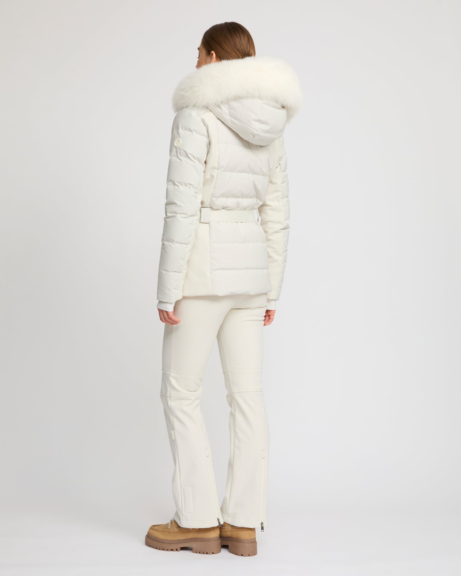 Mixed fabric belted ski jacket with fox fur trim -Yves Salomon