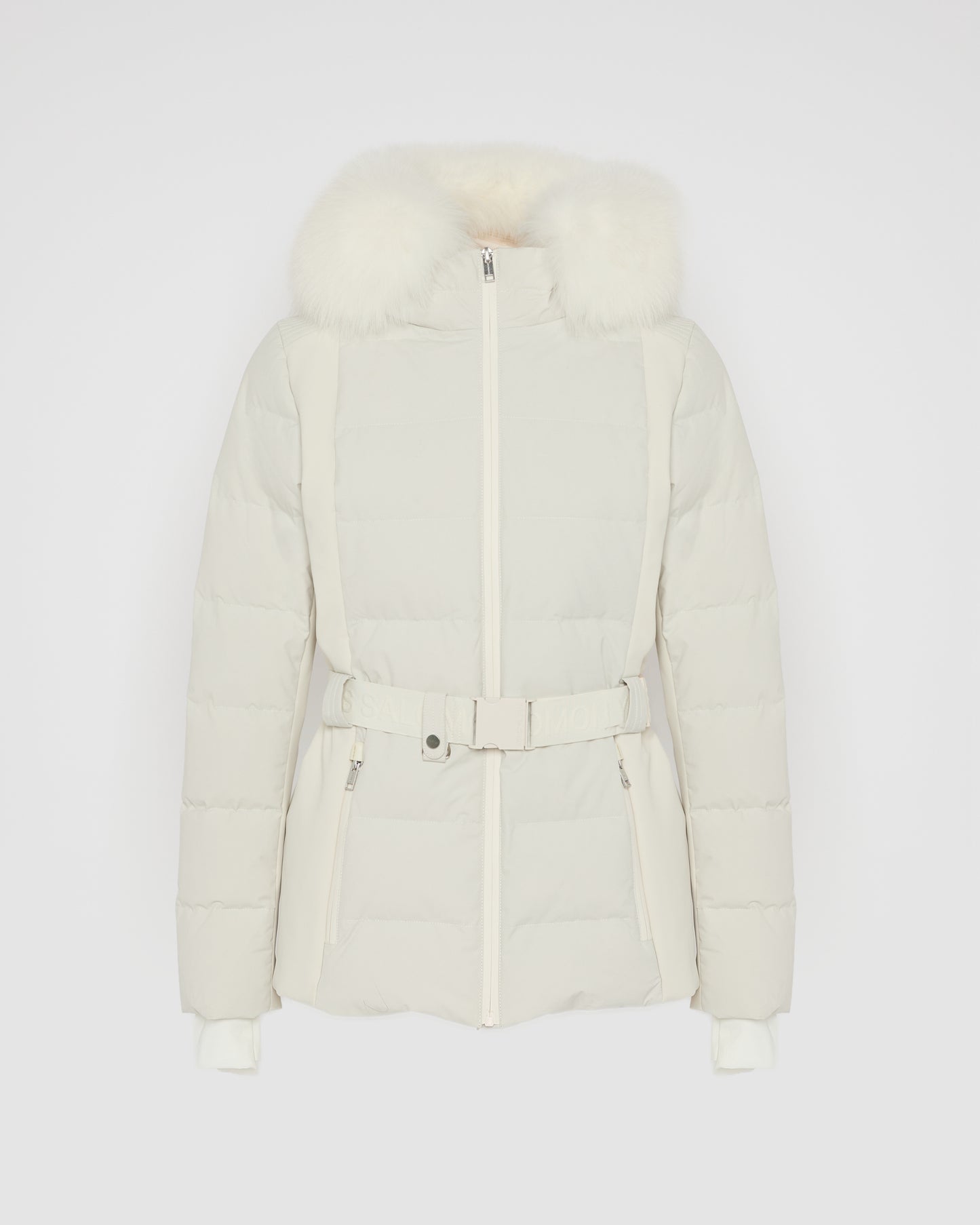 Mixed fabric belted ski jacket with fox fur trim -Yves Salomon