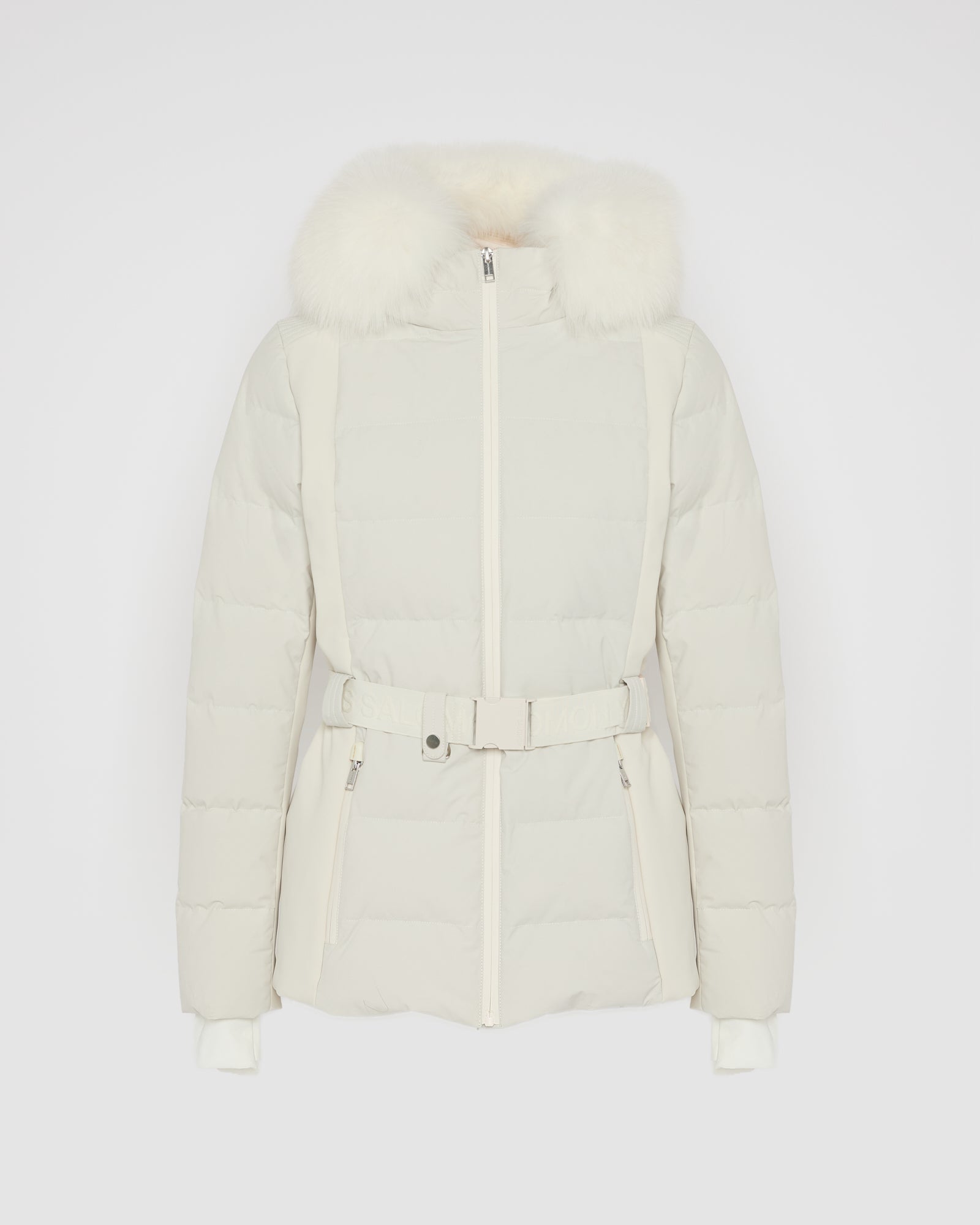 Mixed fabric belted ski jacket with fox fur trim -Yves Salomon