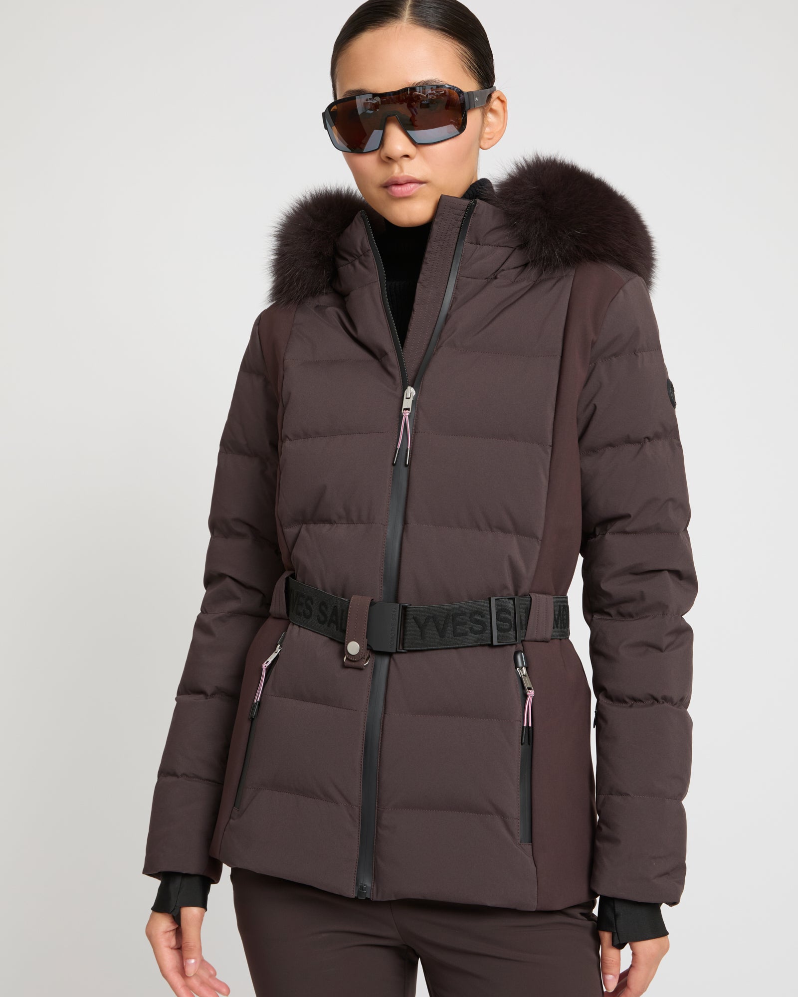 Mixed fabric belted ski jacket with fox fur trim -Yves Salomon
