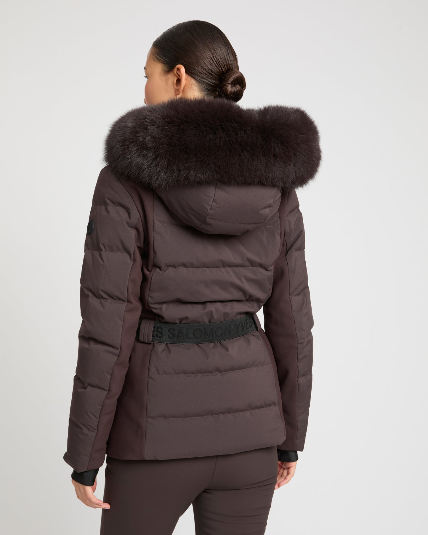 Mixed fabric belted ski jacket with fox fur trim -Yves Salomon