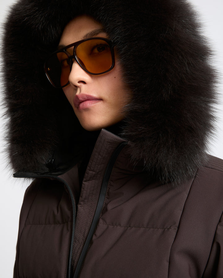 Mixed fabric belted ski jacket with fox fur trim - Yves Salomon - New Fall Winter Collection