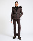 Mixed fabric belted ski jacket with fox fur trim