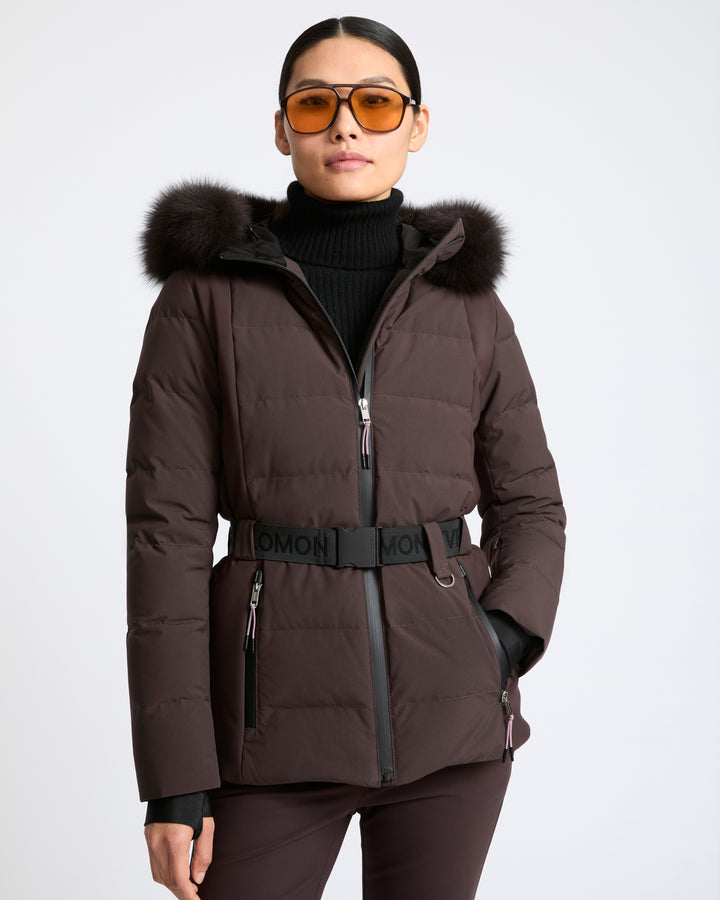 Mixed fabric belted ski jacket with fox fur trim - Yves Salomon - New Fall Winter Collection