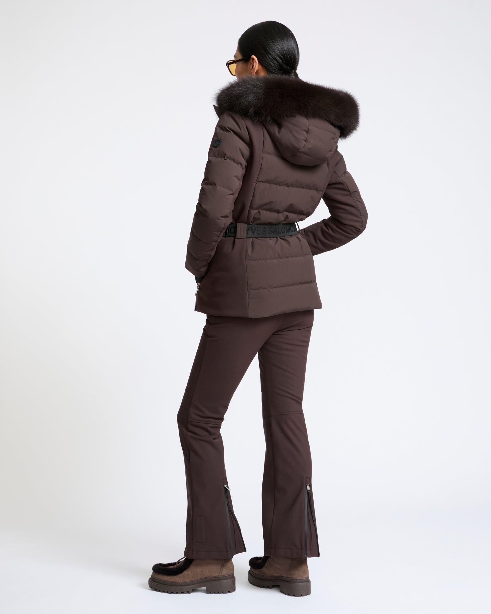 Mixed fabric belted ski jacket with fox fur trim - Yves Salomon - New Fall Winter Collection