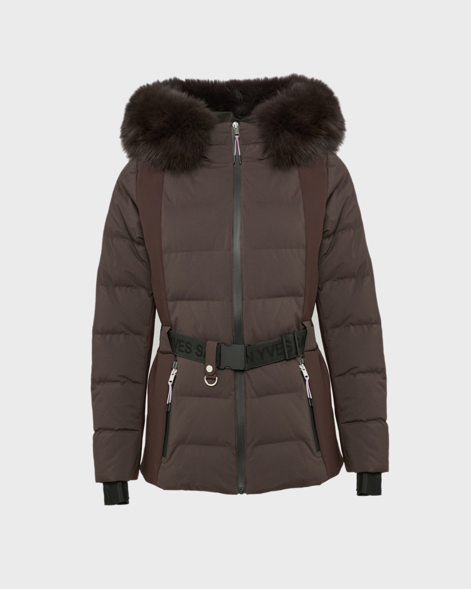 Mixed fabric belted ski jacket with fox fur trim -Yves Salomon