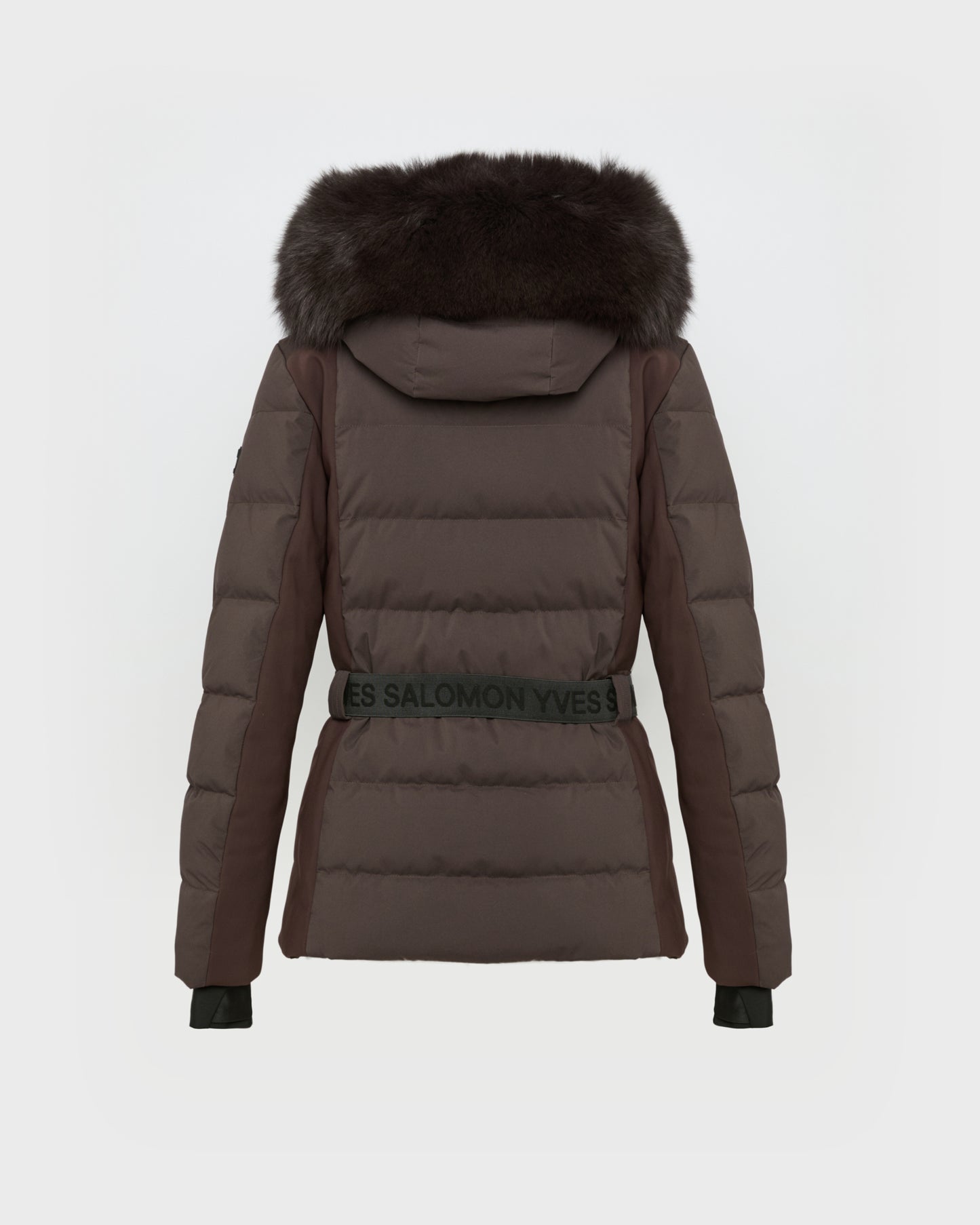 Mixed fabric belted ski jacket with fox fur trim -Yves Salomon