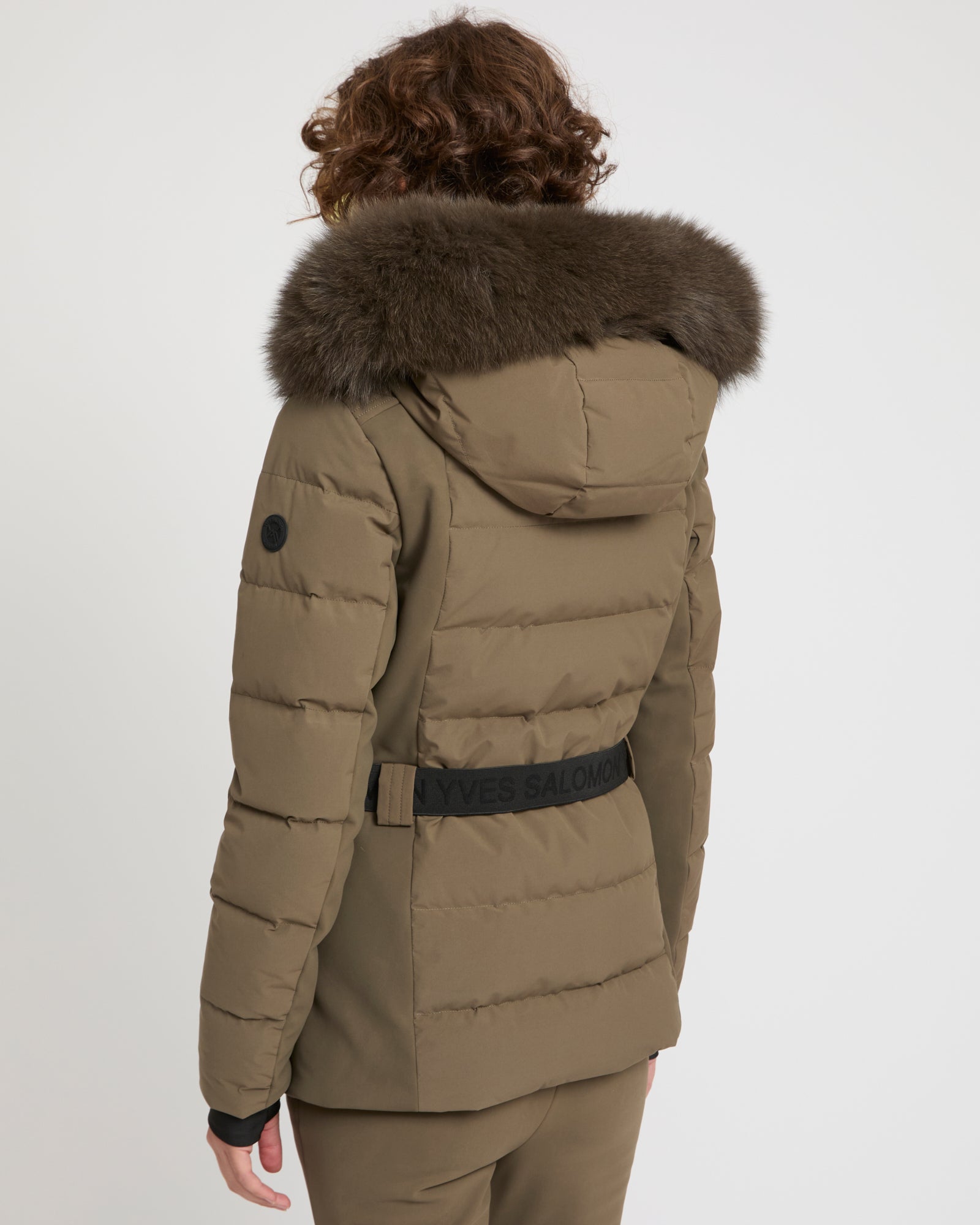 Mixed fabric belted ski jacket with fox fur trim -Yves Salomon