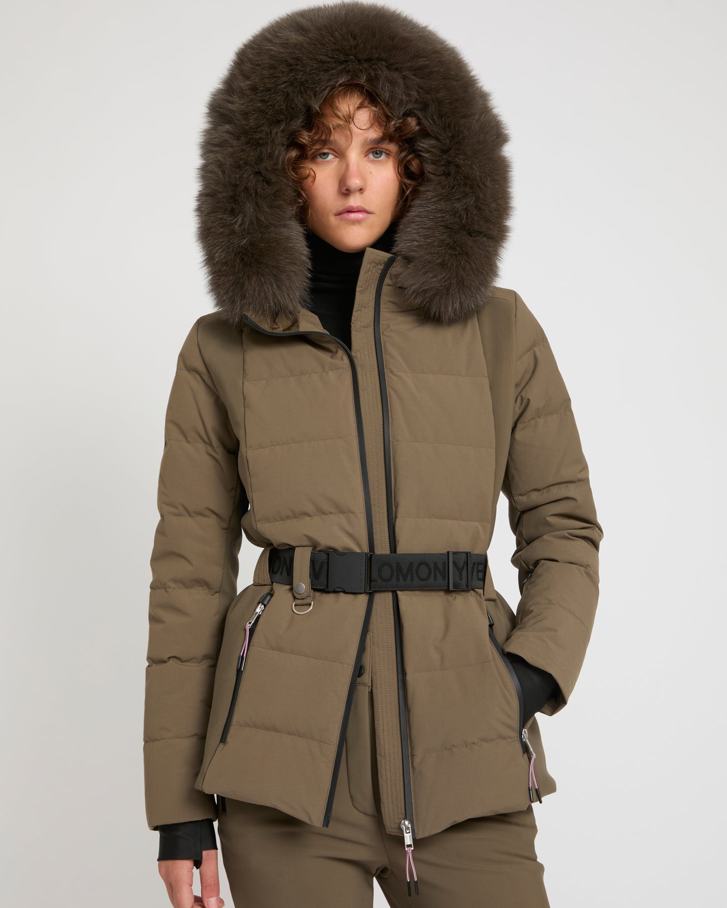Mixed fabric belted ski jacket with fox fur trim -Yves Salomon