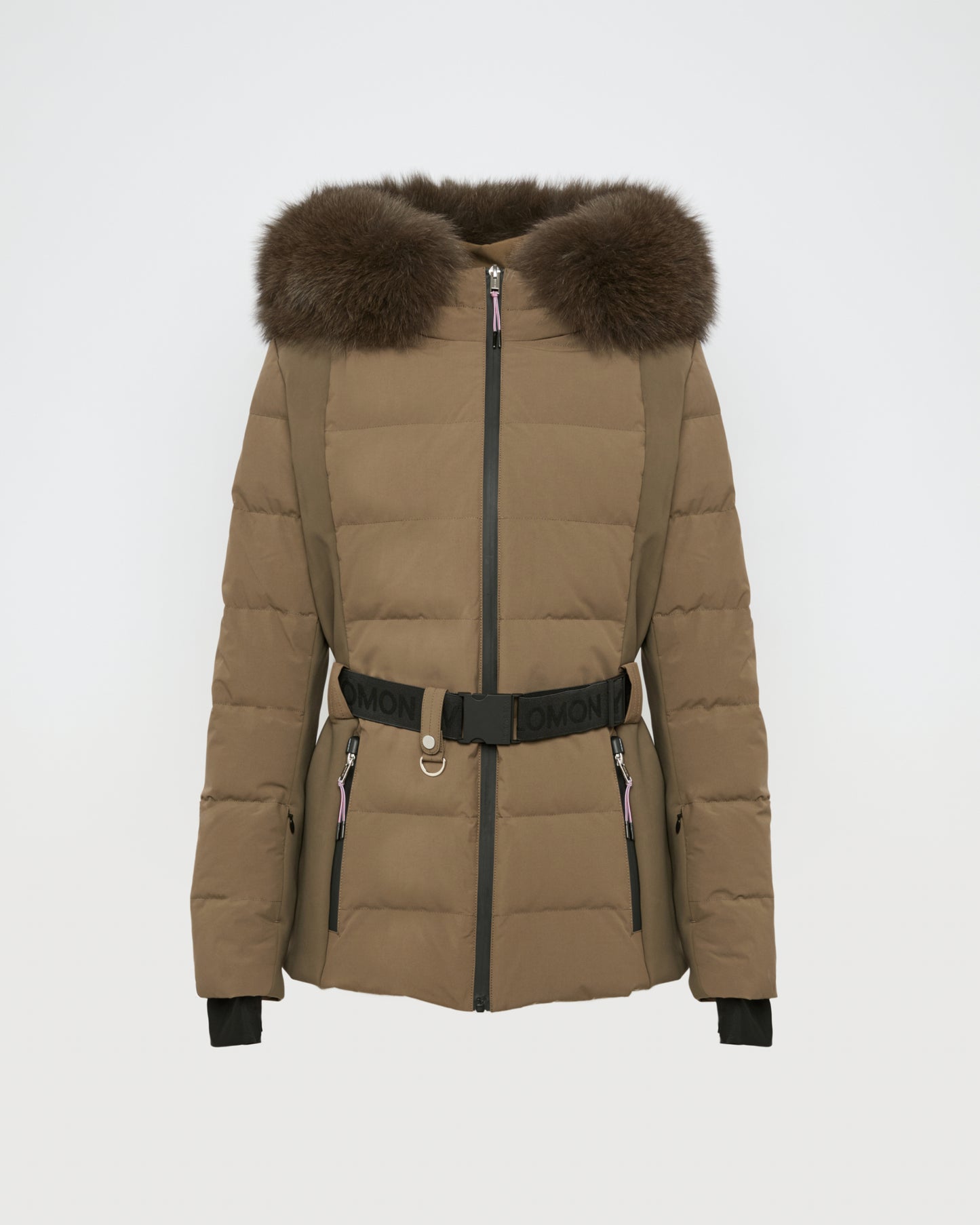 Mixed fabric belted ski jacket with fox fur trim -Yves Salomon