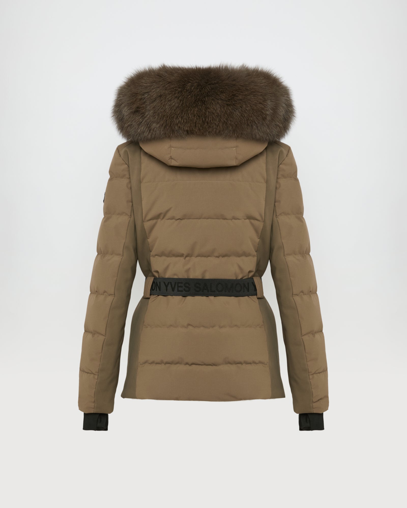 Mixed fabric belted ski jacket with fox fur trim -Yves Salomon