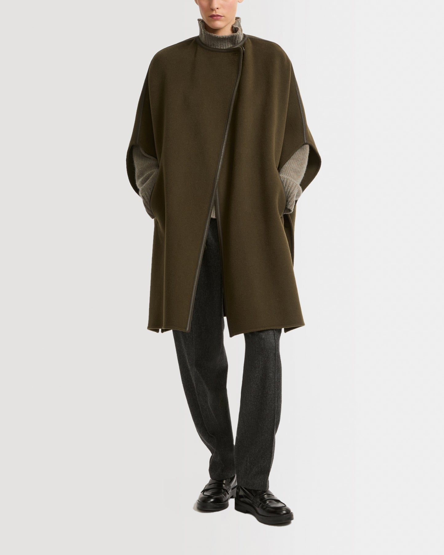Double-sided wool cashmere blend cape with leather button