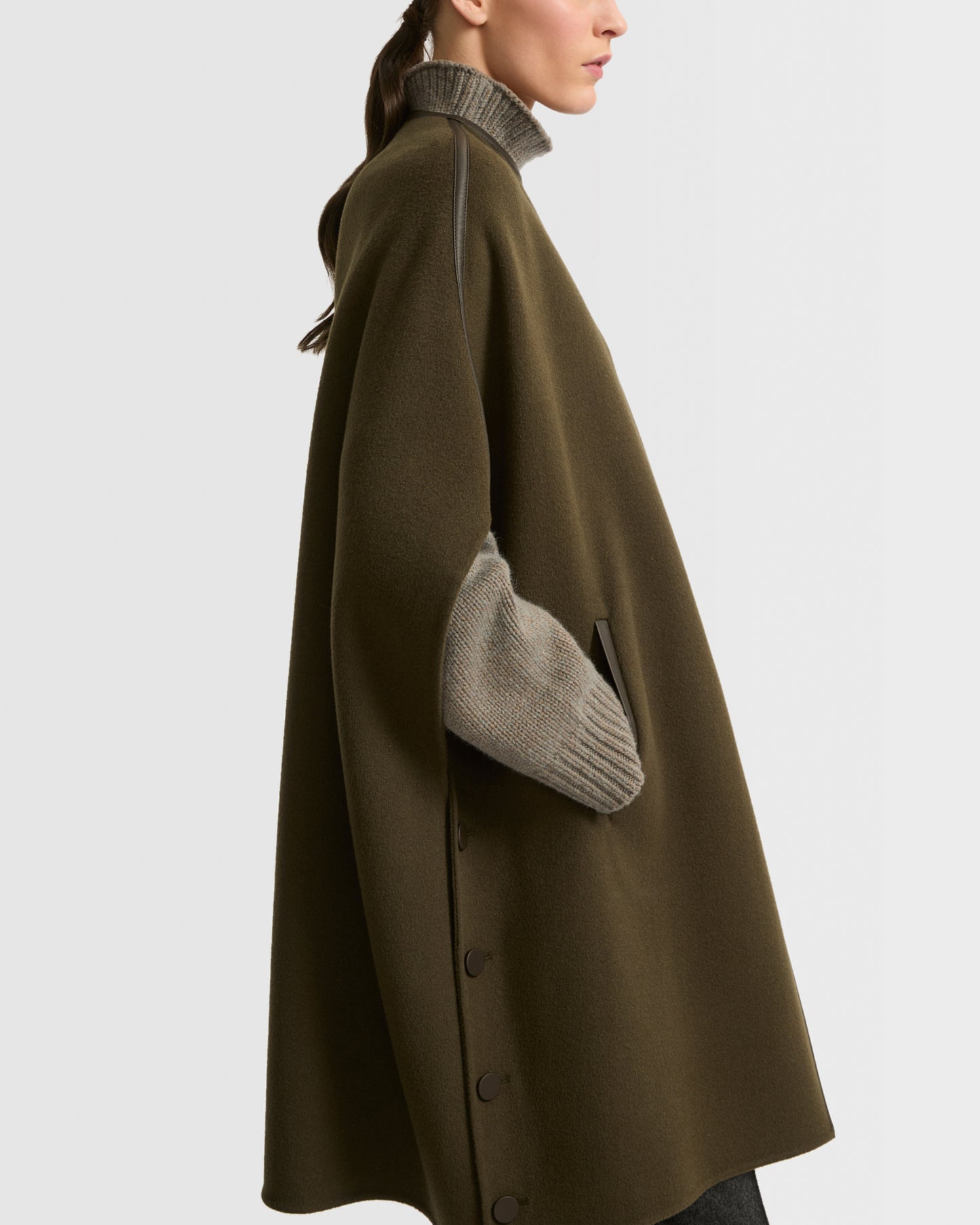 Double-sided wool cashmere blend cape with leather button