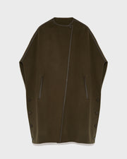 Double-sided wool cashmere blend cape with leather button