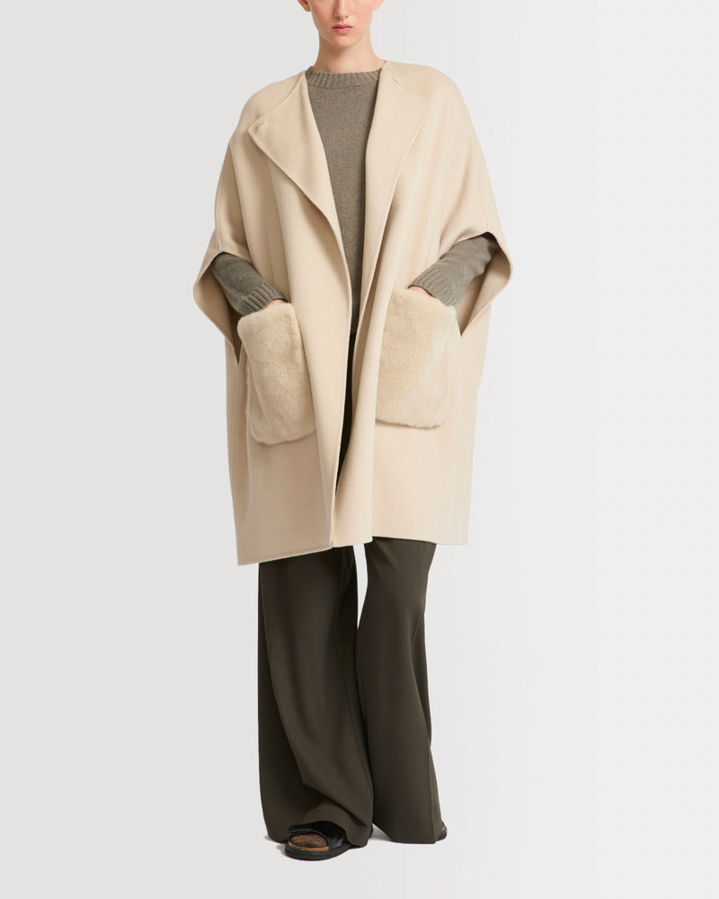 Cashmere blend cape with removable mink pockets
