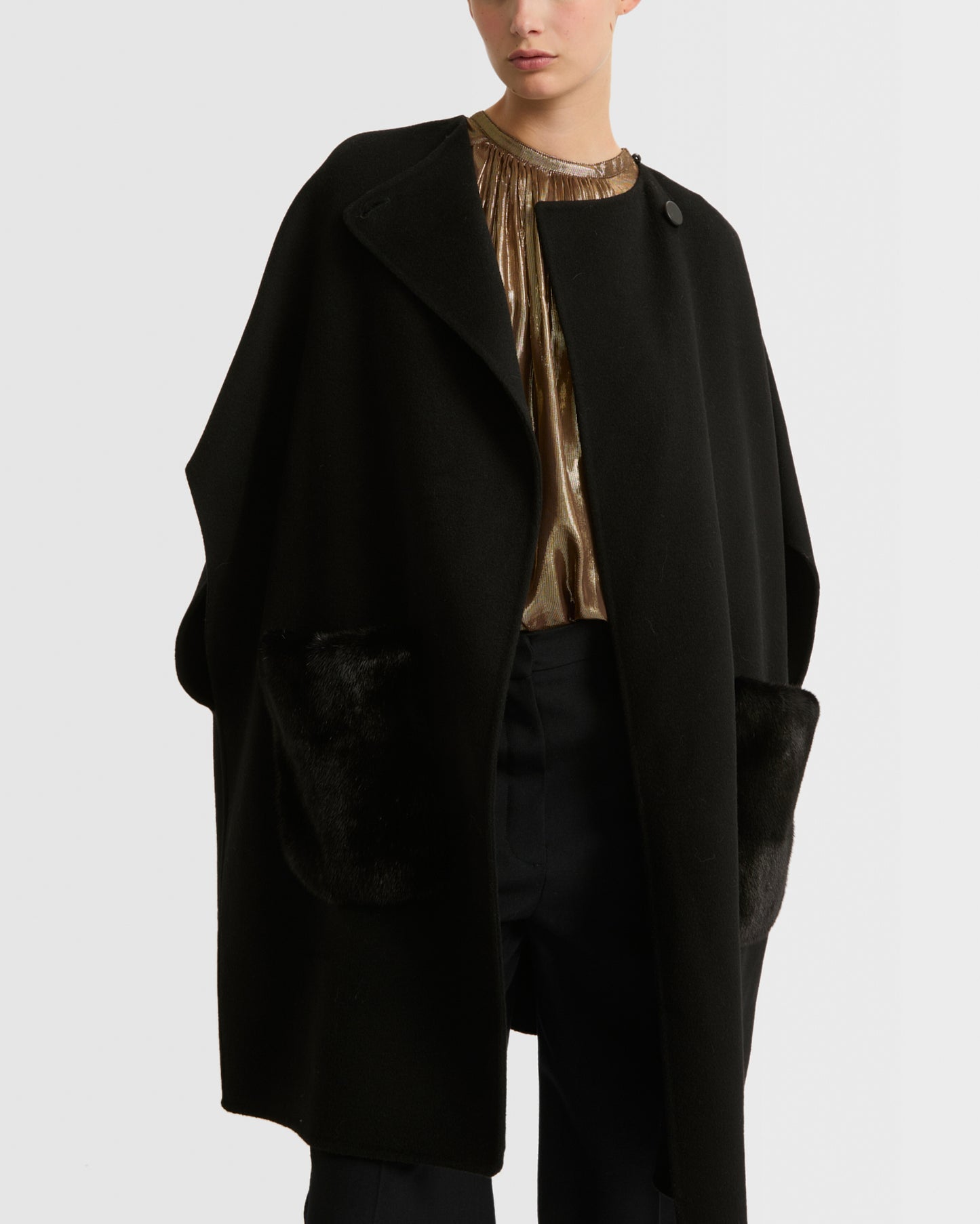 Cashmere blend cape with removable mink pockets