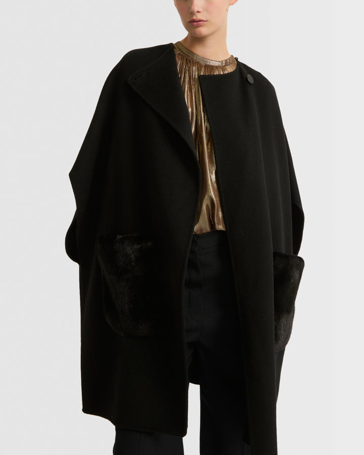 Cashmere blend cape with removable mink pockets
