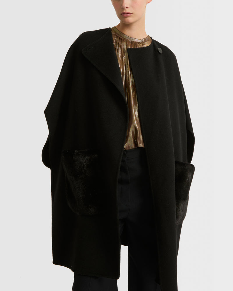 Cashmere blend cape with removable mink pockets