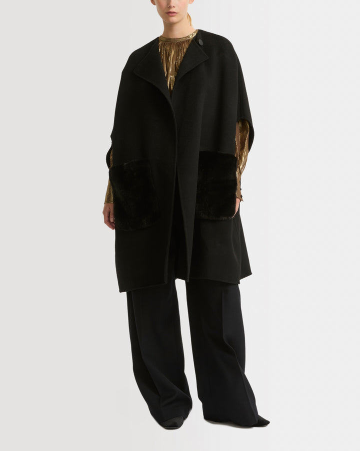 Cashmere blend cape with removable mink pockets