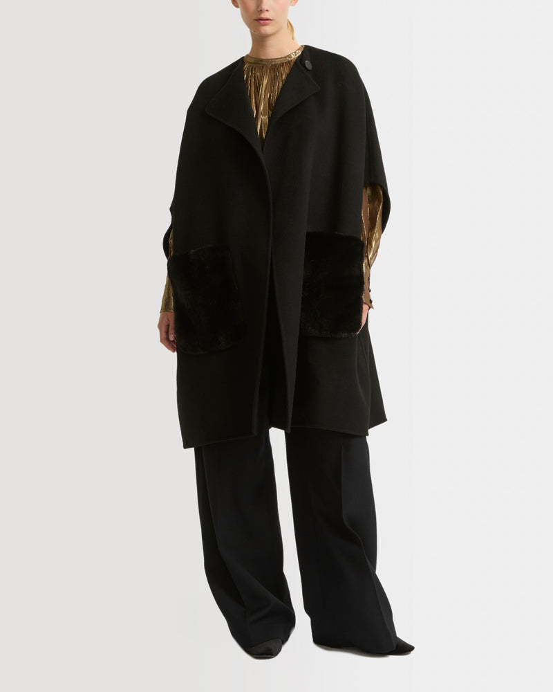 Cashmere blend cape with removable mink pockets