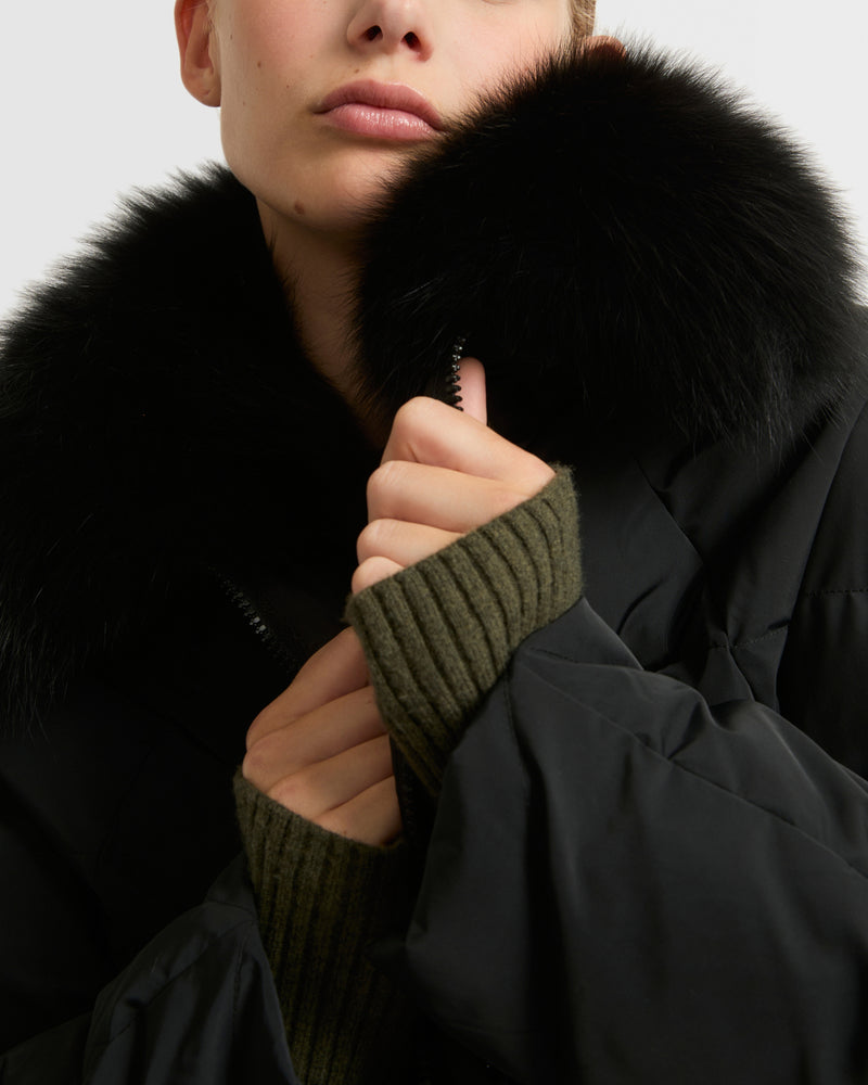 Technical fabric down jacket with detachable fox fur collar