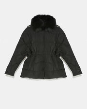 Technical fabric down jacket with detachable fox fur collar