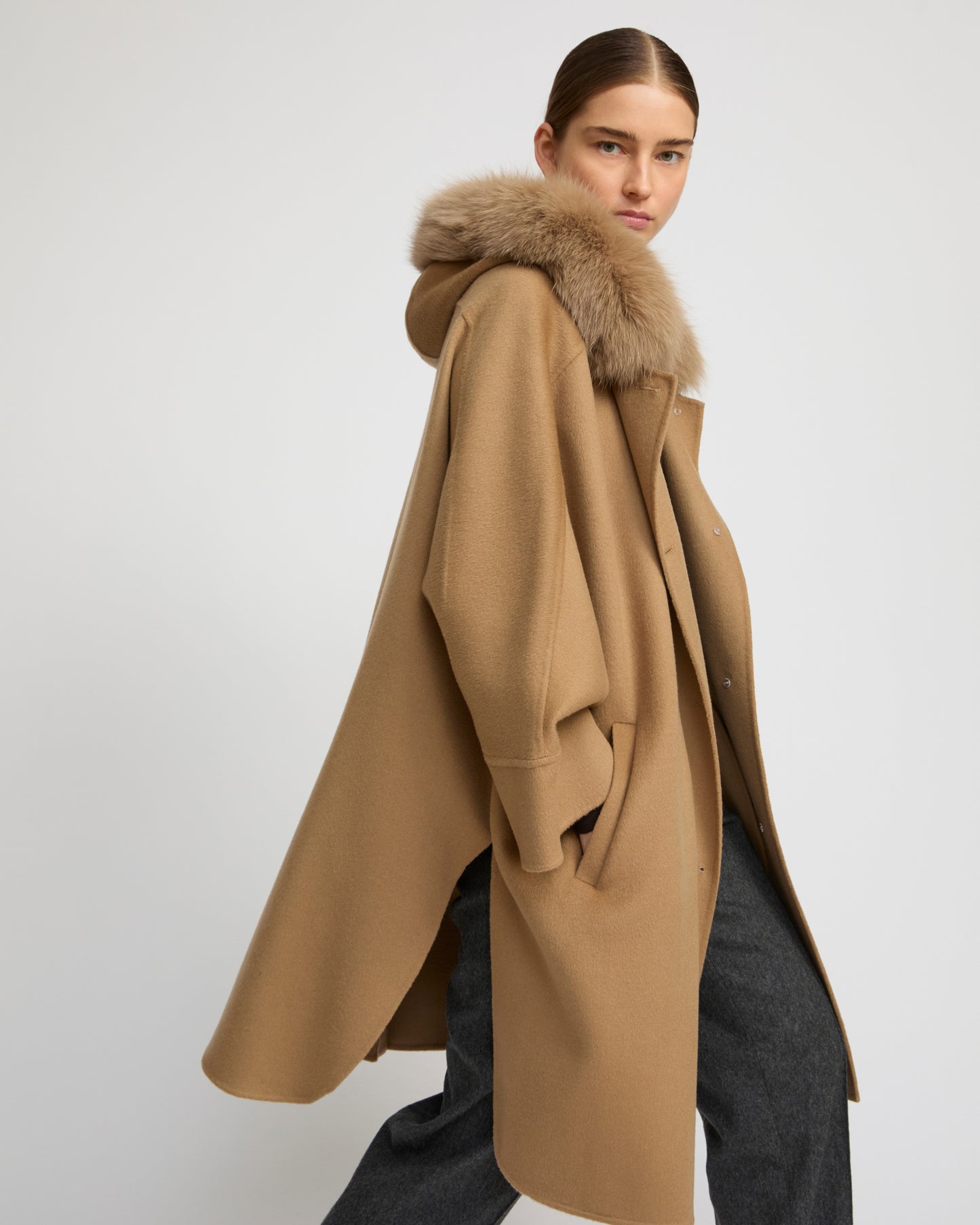 Cashmere blend hooded cape with fox trim