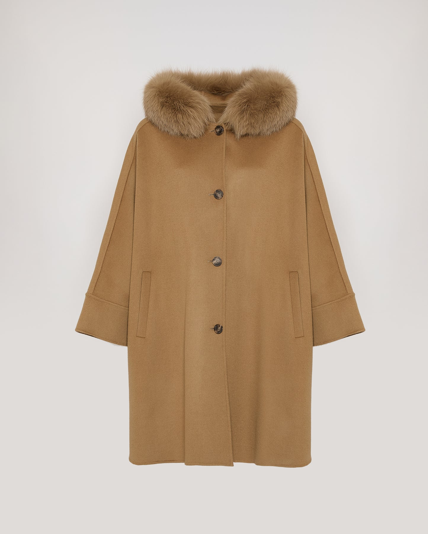 Cashmere blend hooded cape with fox trim