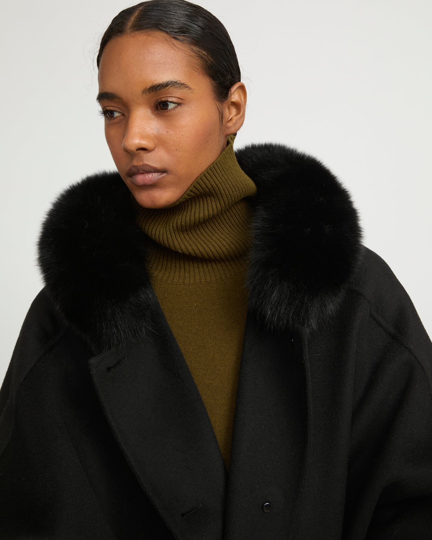 Cashmere blend hooded cape with fox trim