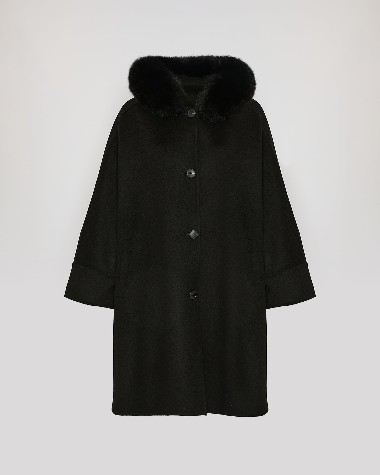 Cashmere blend hooded cape with fox trim