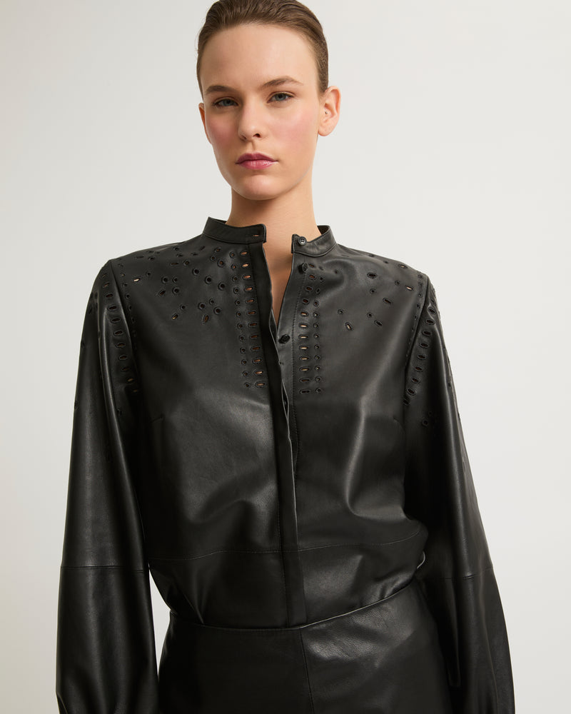 Leather shirt with embroidery-Yves Salomon-Winter sale & boxing day