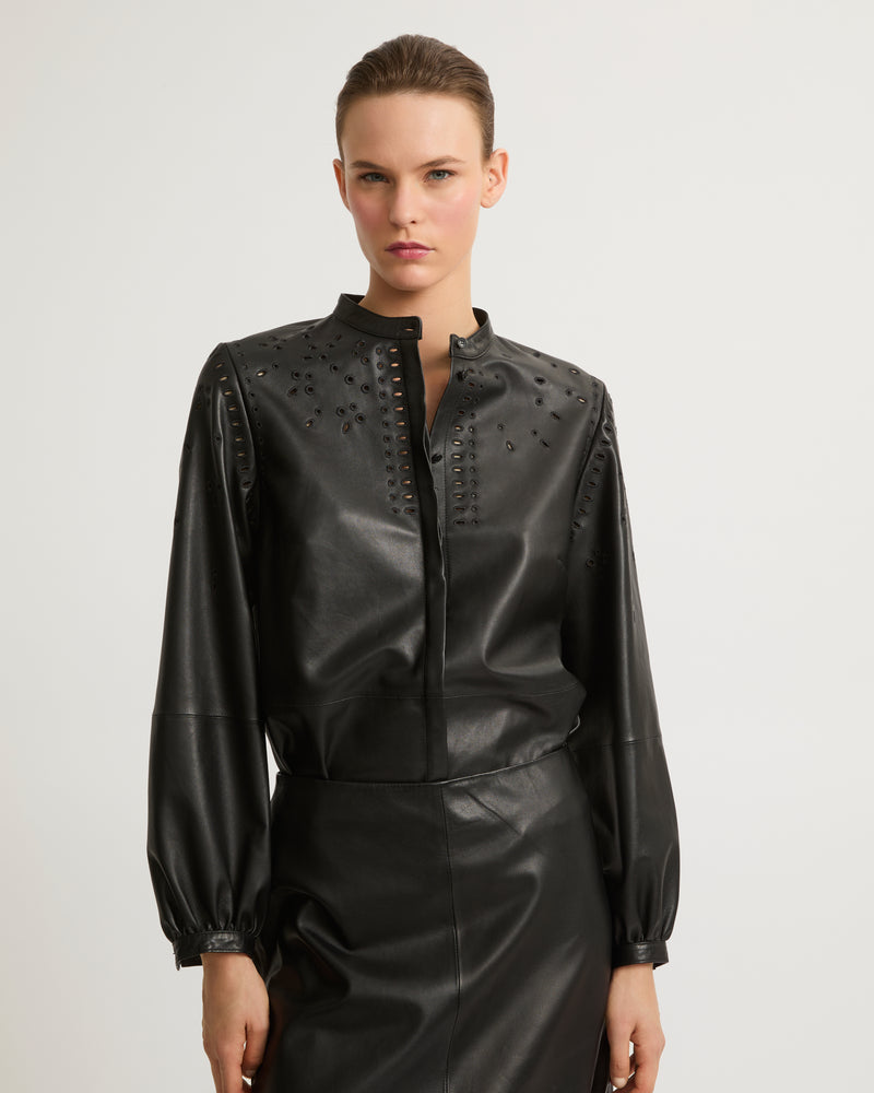 Leather shirt with embroidery-Yves Salomon-Winter sale & boxing day