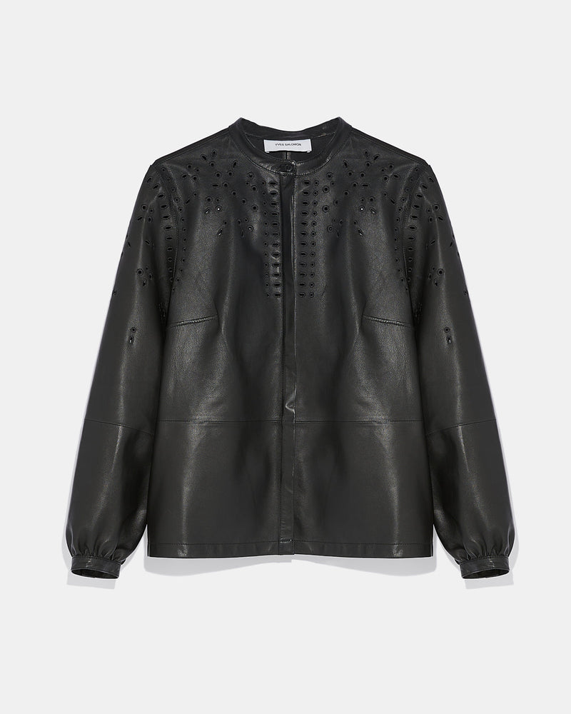 Leather shirt with embroidery-Yves Salomon-Winter sale & boxing day