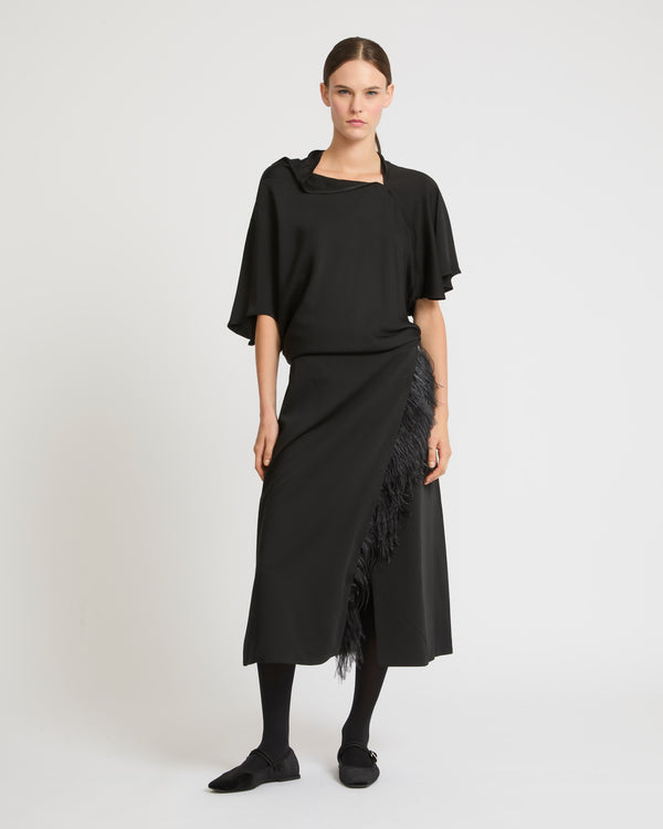 Skirt in viscose satin and feathers-Yves Salomon-Winter sale & boxing day