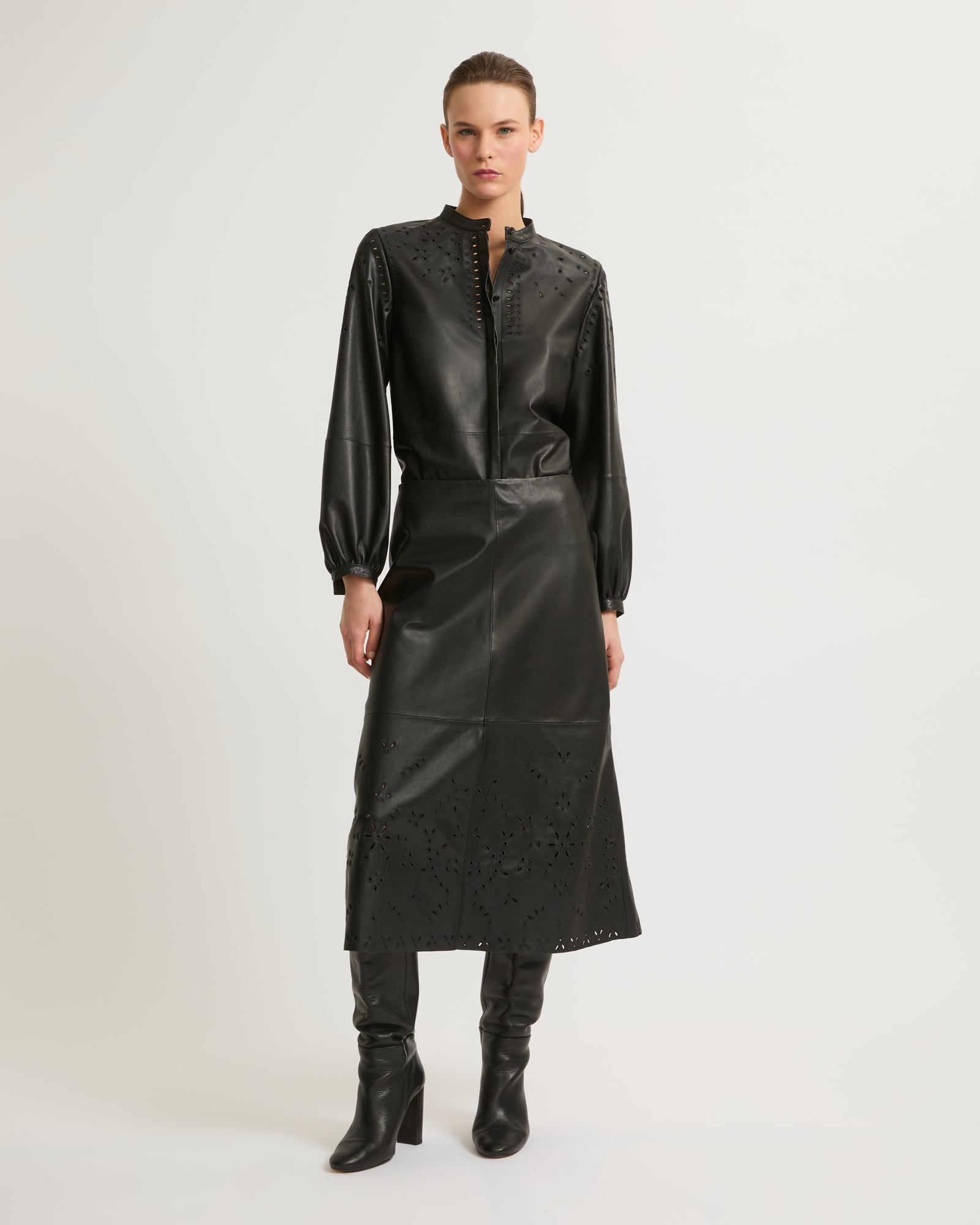 Long leather skirt with embroidery-Yves Salomon-Winter sale & boxing day
