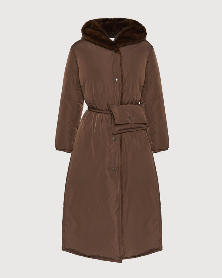Black Friday - Yves Salomon - Long down jacket in technical fabric and mink fur - dark blue - front view