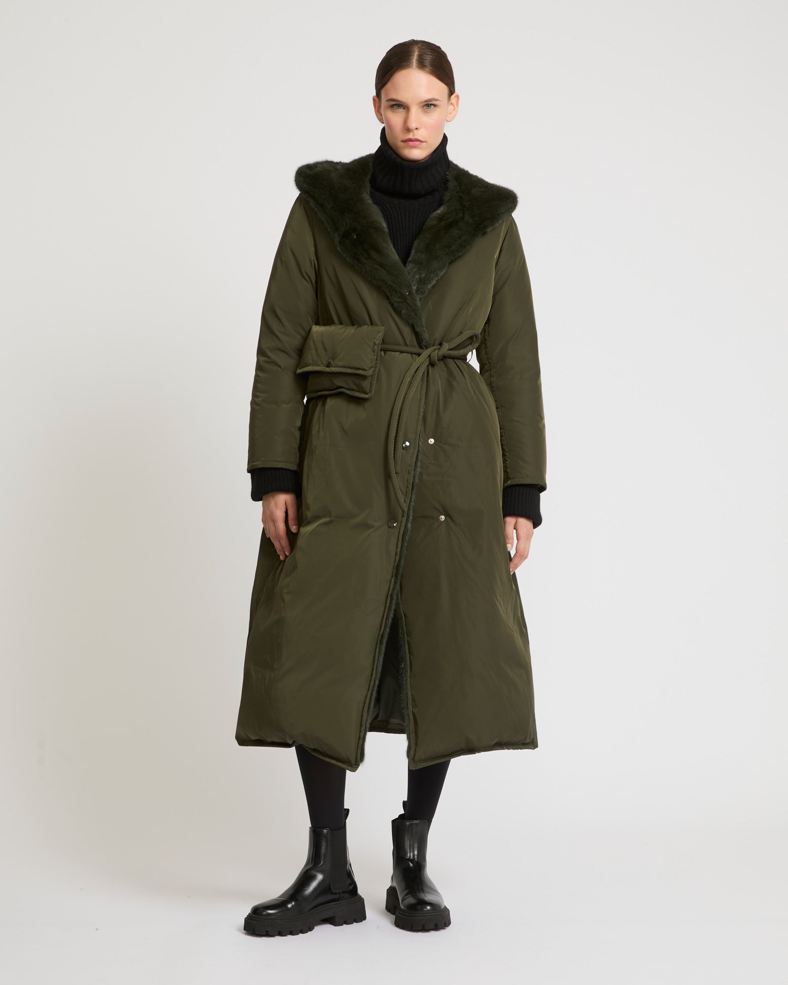 Long down jacket in technical fabric and mink fur-Yves Salomon-Winter sale & boxing day