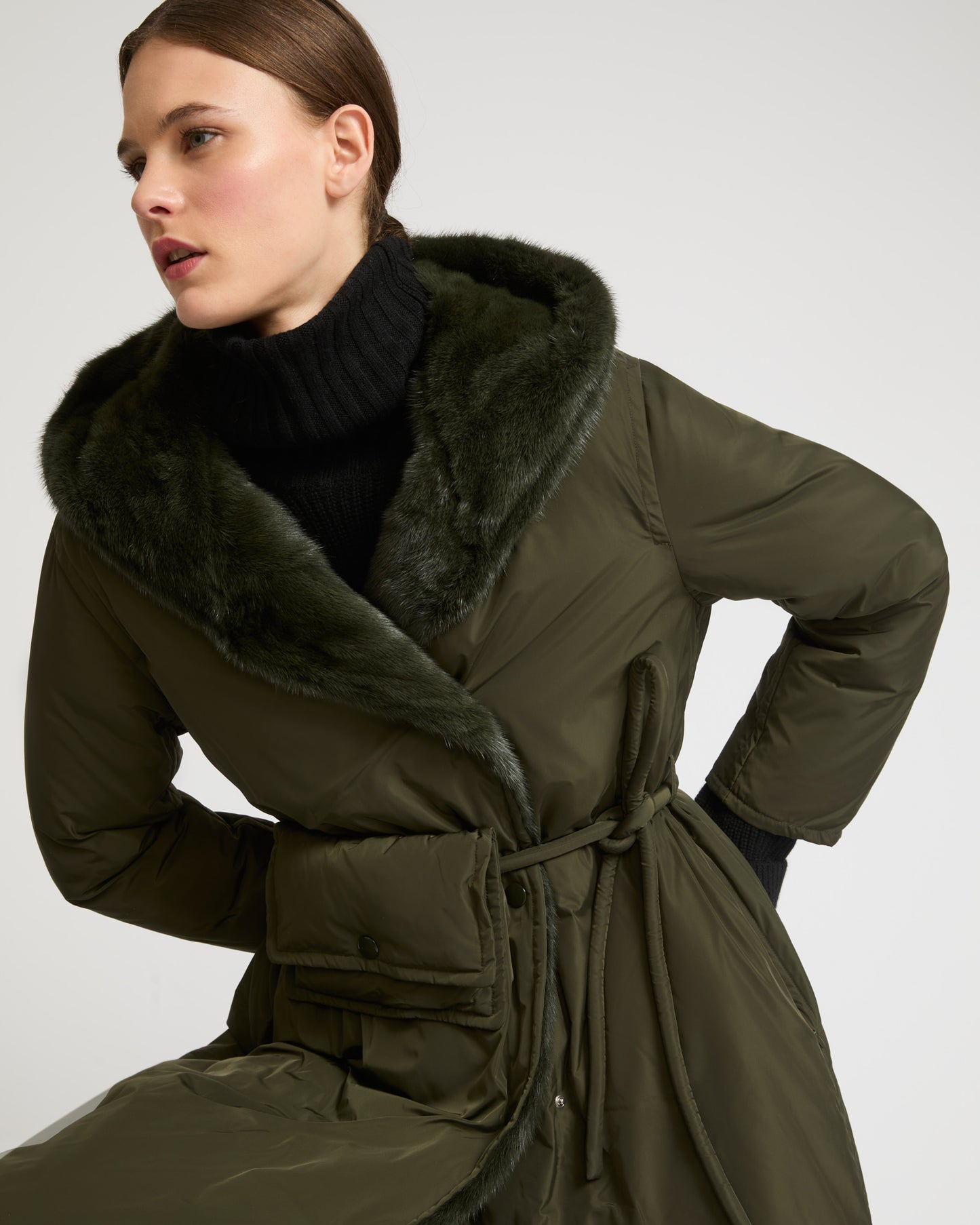 Long down jacket in technical fabric and mink fur-Yves Salomon-Winter sale & boxing day