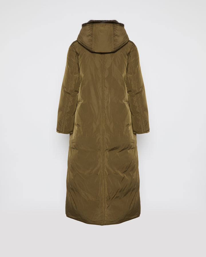 Long down jacket in technical fabric and mink fur